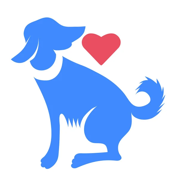 Mavi köpek izole kırmızı kalpli silüeti — Stok Vektör