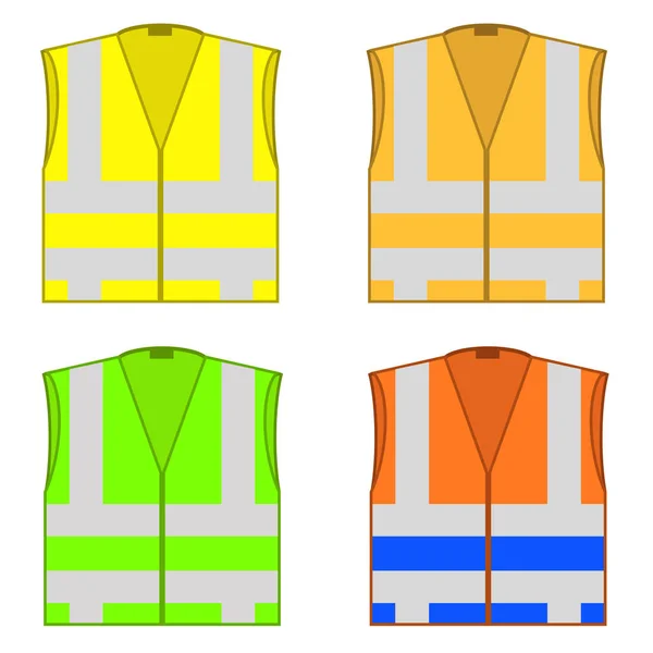 Vestes de sécurité colorées. Vêtements de travail protecteurs pour le travail. Gilets de route à rayures. Vêtements professionnels haute visibilité — Image vectorielle