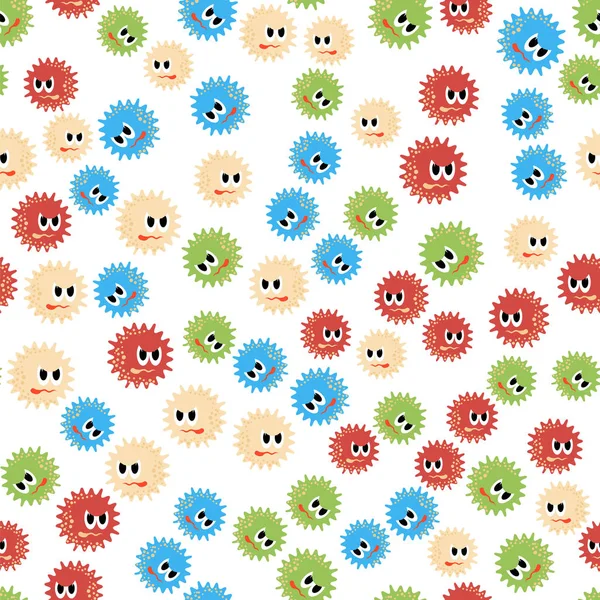 Färgade tecknad mikrober sömlösa mönster. Farliga Bad virus. Bakterier Backterial Mickroorganism. Bakterien monster — Stock vektor