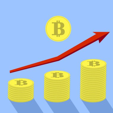 Altın Bitcoin simgesi ve kırmızı ok