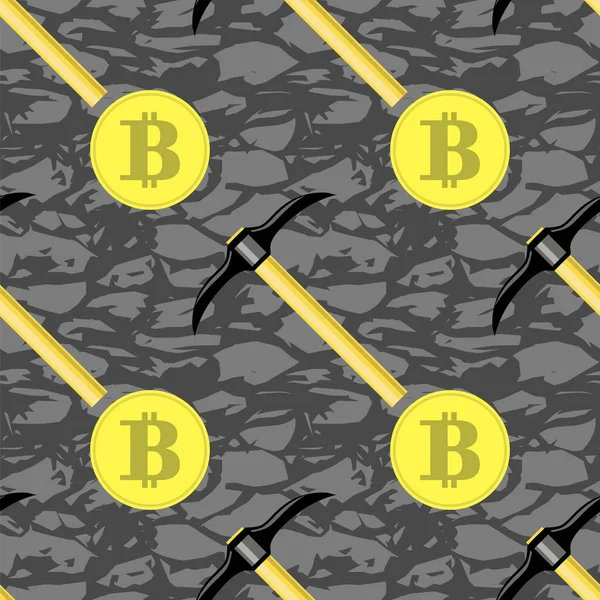 Goldenes Bitcoin-Muster. Kryptowährungsbergbau mit Münzen und Spitzhacken — Stockvektor