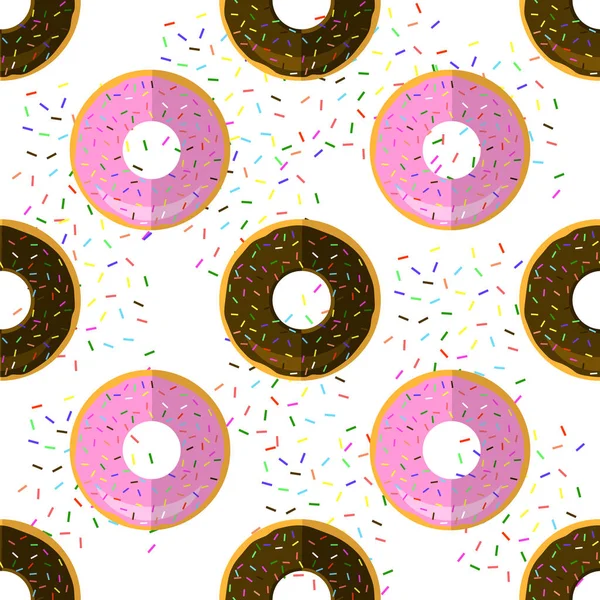 Dulce esmaltado colorido Donut patrón sin costuras sobre espolvorea fondo. Textura de comida rápida — Vector de stock