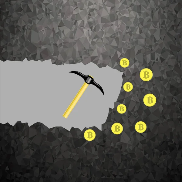 Złote Bitcoin na szarym tle. Krypto waluty wyszukiwania z monet i kilofy — Wektor stockowy