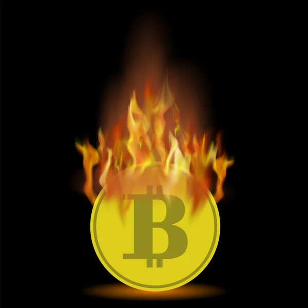 Brennen von Gold-Bitcoin-Symbol auf schwarzem Hintergrund — Stockvektor