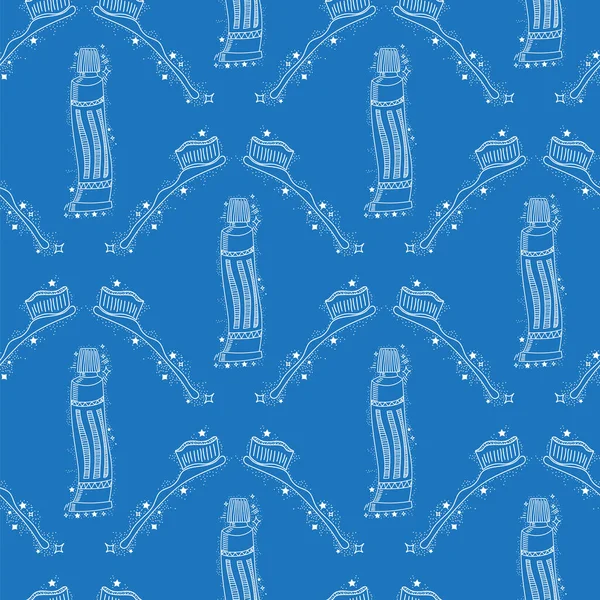 Modèle Doodle Medical sans couture avec brosse à dents sur fond bleu. Concept d'hygiène buccale. Nettoyage de la cavité buccale — Image vectorielle