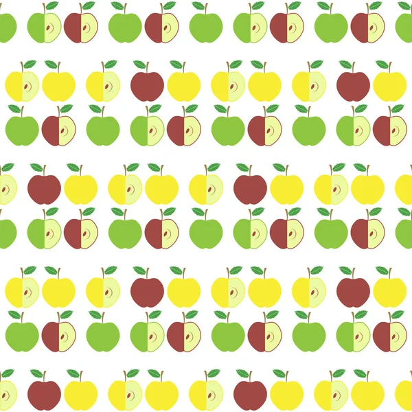 Cute Fresh Red and Yellow Green Apple Seamless Pattern on White Background. Fruit Repeating Texture — Stock Vector