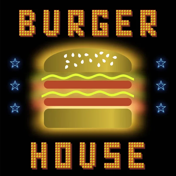 Burger House Neon színes jel a fekete háttér. Fast Food jel — Stock Fotó