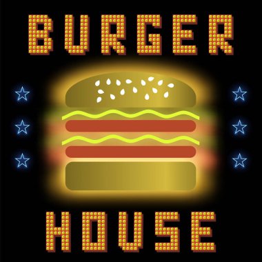 Siyah Arkaplan 'da Burger House Neon Renkli Tabelası. Fast Food İşareti