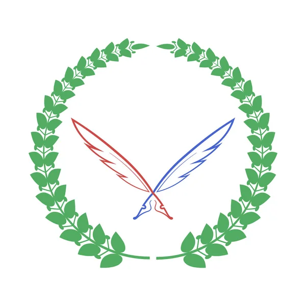 Červené modré peří a zelená Laurel ikona Izolované na bílém pozadí — Stockový vektor