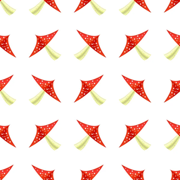 Red Mushroom Seamless Pattern on White Background (en inglés). Volar Agaric Set. Textura de Amanita venenosa Amanita — Archivo Imágenes Vectoriales