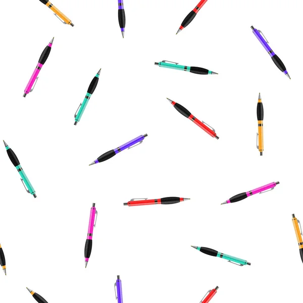 Colorful Pen Seamless Pattern on White Background. Randomly Scattered School Accessories — 스톡 벡터