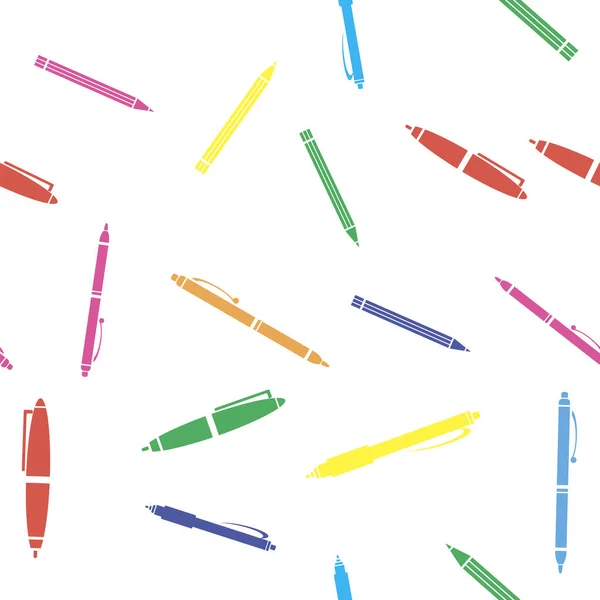 Beyaz Arkaplanda Renkli Kalemsiz Desen. Rastgele Dağılmış Okul Aksesuarları — Stok Vektör