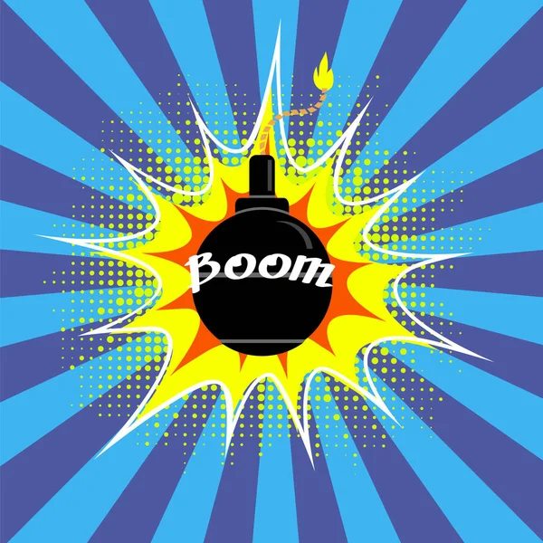 Black Burning Bomb Icon. Explode Flash, Cartoon Explosion with Boom Text — 스톡 벡터