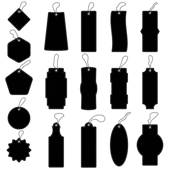 Preisschilder aus schwarzem Papier. Geschenketiketten in verschiedenen Formen. Gestaltung verschiedener Aufkleber mit Seil. Leere Verkaufssymbole. — Stockvektor