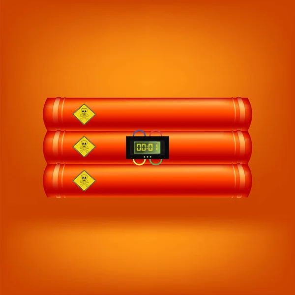 Time Bomb. Detonate Dynamite Concept. TNT Red Stick. Digital Countdown Timer Clock. Explode Flash, Burn Explosion. — Stock vektor