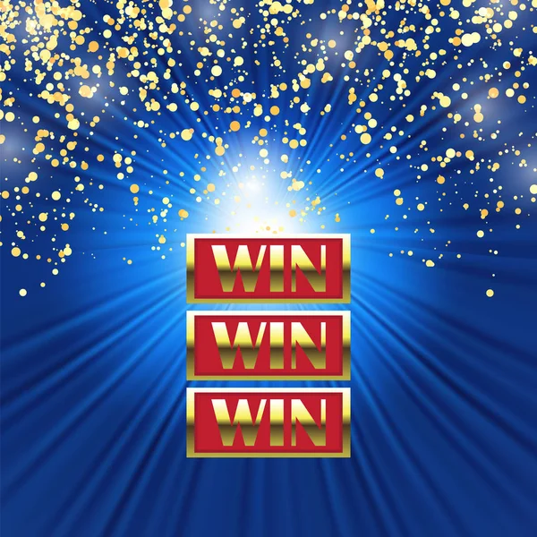 Siegerbanner mit goldenen Buchstaben auf blauem Hintergrund mit gelbem Konfetti. Gewinner Lotterie Spiel Zeichen — Stockvektor