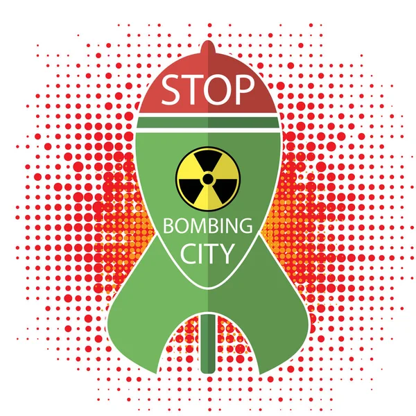 Ніякої воєнної ознаки. Зелена атомна бомба з радіаційним знаком. Ядерна ракета. Вибуховий спалах, вибух Картона, ядерний вибух. — стоковий вектор