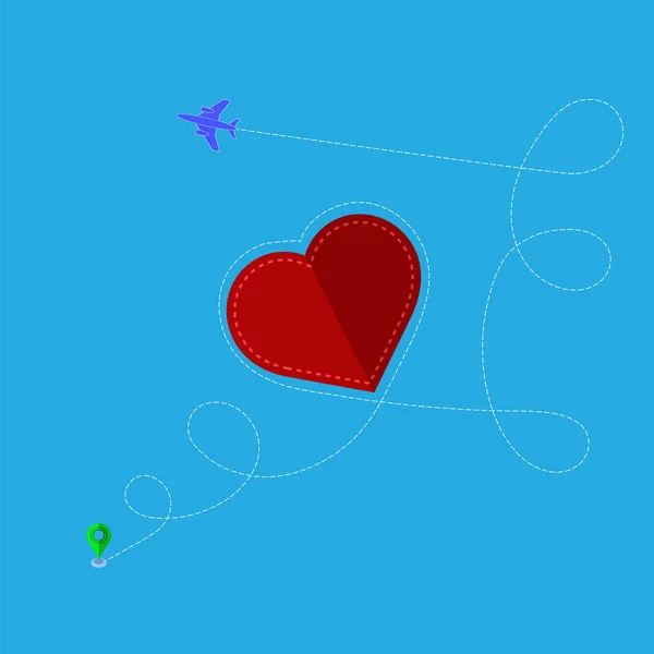 Flugzeug fliegen auf blauem Himmel Hintergrund. Gepunkteter Routenpfad mit rotem Herzen. Konzept der Luftfahrt — Stockfoto