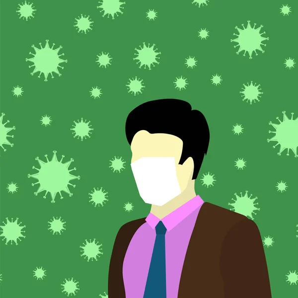 Muž v masce s bílou maskou. Zastavit pandemické román coronavirus zelené pozadí — Stockový vektor
