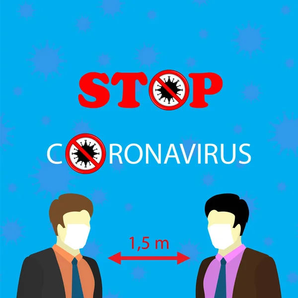 Men in White Medical Face Mask. Stop Pandemic Novel Coronavirus Blue Background — Stock Vector