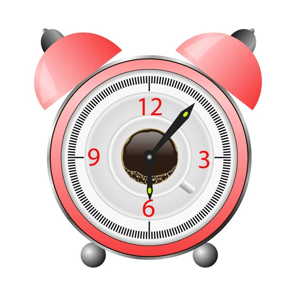 Relógio de alarme vermelho com xícara de café isolado em fundo branco — Vetor de Stock