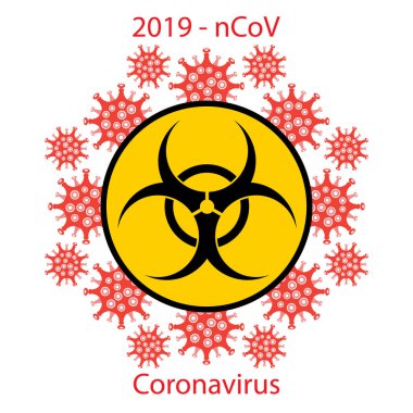 Pandemik Romanları Durdur Coronavirus İşareti ve Beyaz Arkaplanda Biyolojik Tehlike Logosu