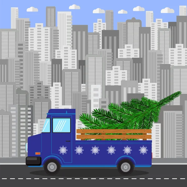 Blauwe Kerst Truck met Green Fir op Grey City Building Achtergrond — Stockvector