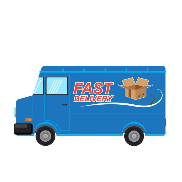 Návrh loga pro rychlé dodání s otevřenou papírovou krabicí na modrém náklaďáku. Boční pohled — Stock fotografie