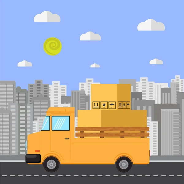 Conception de logo de livraison rapide avec boîte en papier sur camion orange. Vue latérale — Photo