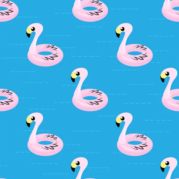 Uppblåsbar rosa flamingo leksak sömlös mönster på blå. Pool ring för barn. Gummi tropisk fågel form — Stock vektor