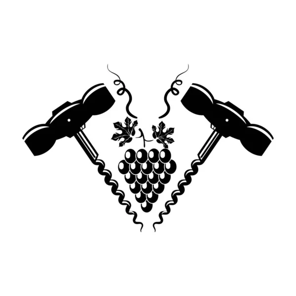 Icono de sacacorchos de madera retro para abrir una botella de vino aislada sobre fondo blanco. Uva madura con hojas — Vector de stock