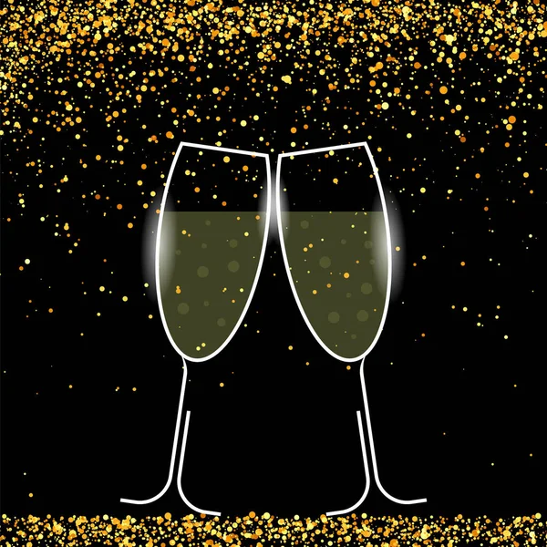 Due bicchieri scintillanti su Yellow Confetti. Festa dello Champagne. Bevanda alcolica frizzante. Congratulazioni. Alla salute. — Vettoriale Stock
