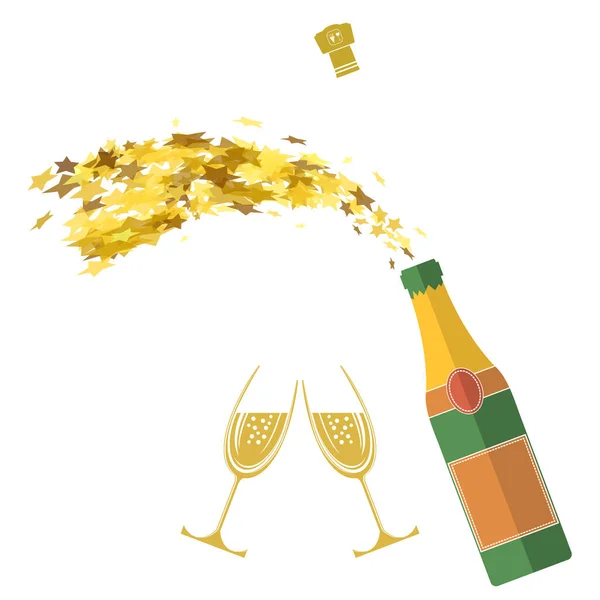 Explosion einer Champagnerflasche. Frohes neues Jahr. Prost. Alkoholischer Fizzy Drink. Glückwunsch. Frohe Weihnachten. — Stockfoto