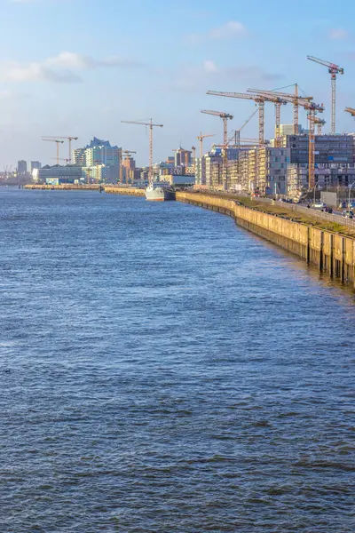 Hafencity Byggarbetsplatser Vid Floden Elbe Med Hel Del Kranar Hamburg — Stockfoto