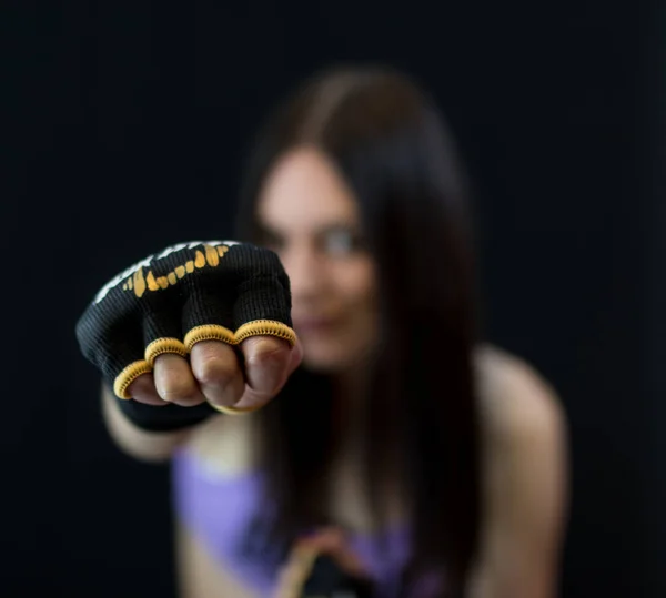 Boxing Girl Throwing Punch Cropped Fighter Gloves Focus Royalty Free — Stock Photo, Image