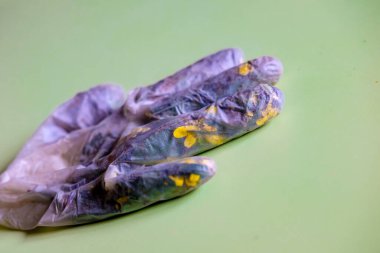 Koronavirüsle savaşmanın bir sembolü olarak tıbbi eldivenin içinde çimen ve sarı çiçekler var.