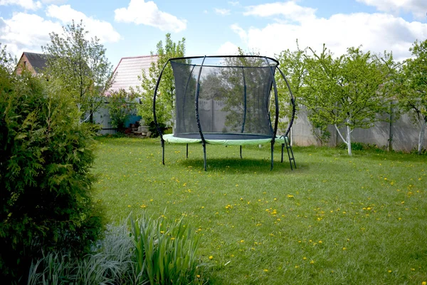 Trampolino Giardino Verde Alberi Fiore Piante Erba Verde — Foto Stock