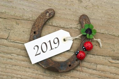 New Year  2019 / New Years Card with horseshoe, Leafed clover and ladybugs on wooden background clipart