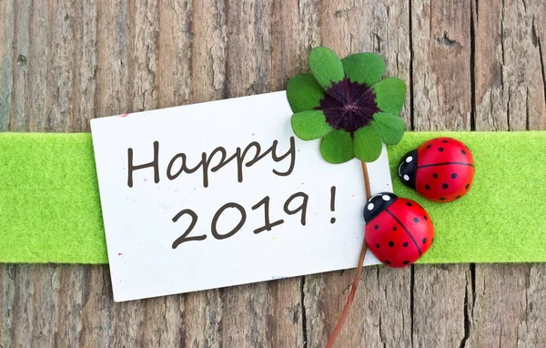 Happy 2019 New Year Card Leafed Clover Ladybugs Wooden Background — Stock Photo, Image