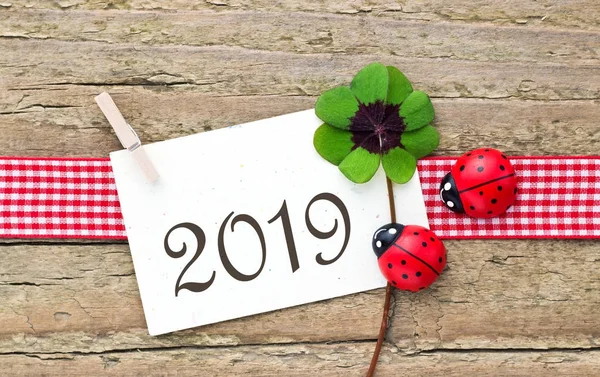2019 New Years Card 2019 Leafed Clover Ladybugs Wooden Background — Stock Photo, Image