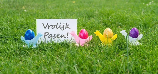 Mutlu Paskalya Paskalya Kartı Renkli Paskalya Yumurtaları Hollandalı Metin Ile — Stok fotoğraf