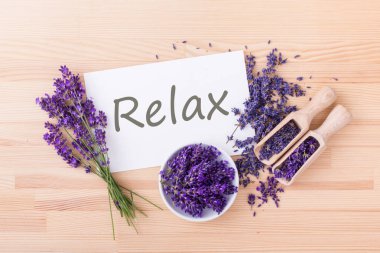  Regeneration / fresh and dried lavender and card with text: Relax clipart