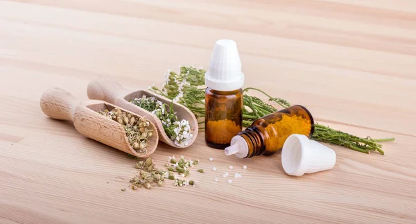 Homeopatický Lék Řebříčku Homeopatické Napravit Kvetoucí Řebříček Dvě Lžičky Dřevěnou — Stock fotografie