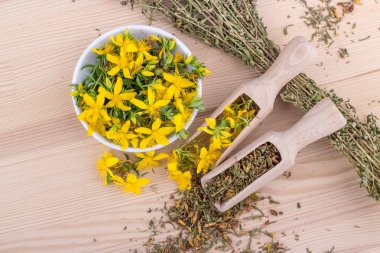 St John's wort / top kurutulmuş ve taze, çiçekli St John's wort ahşap arka plan üzerinde görünüm 