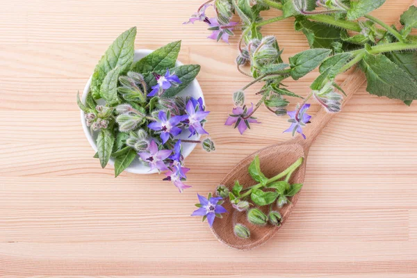 Bee Bread Top View Bowl Wooden Spoon Borage Wooden Background — Stock Photo, Image