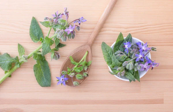 Pan Abeja Vista Superior Del Cuenco Cuchara Madera Con Borraja — Foto de Stock