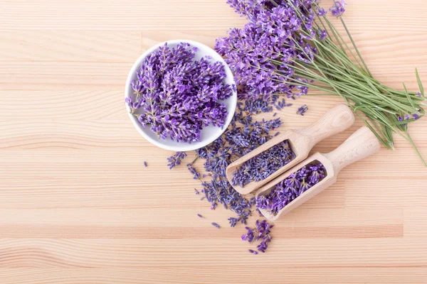Lavender Flowers Top View Bowl Wooden Spoons Dried Fresh Lavender — Stock Photo, Image
