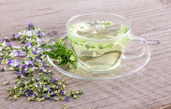 Herbal Tea Heartsease Cup Tea Fresh Dried Flowers Field Pansy — Stock Photo, Image