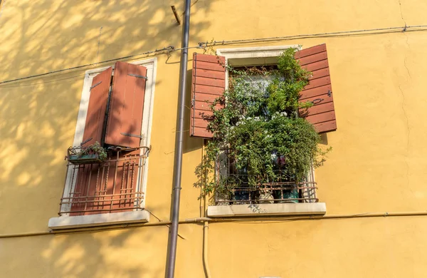 Zwei Fenster Mit Offenen Und Geschlossenen Rollläden Zwei Fenster Mit — Stockfoto