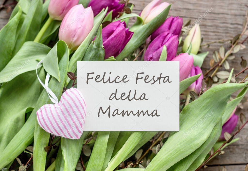 greeting card for Mother's Day / Greeting card to Mother's Day with pink and violet tulips, heart and Italian text: Happy Mother's Day 